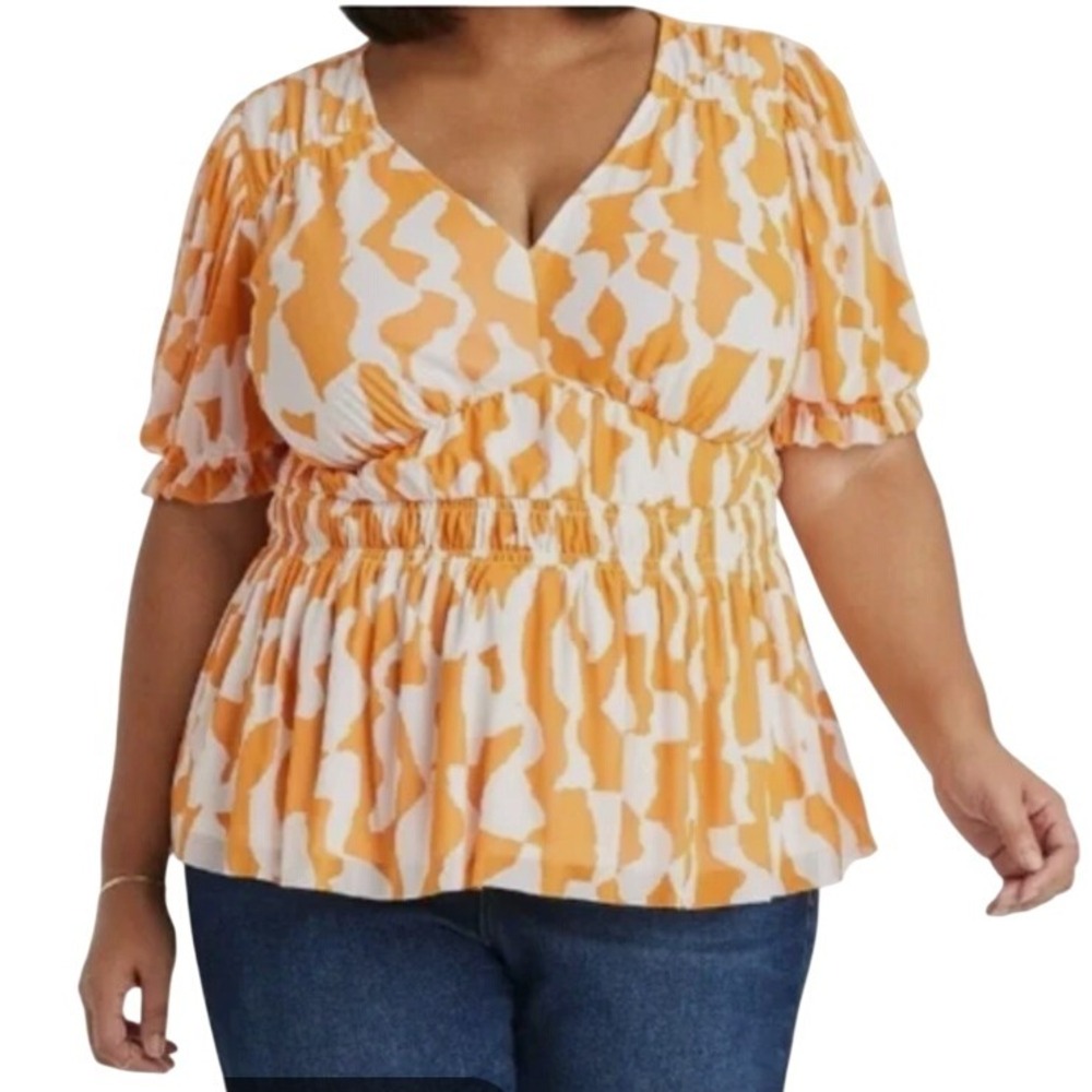 AVA & VIV Orange Print Blouse Top Plus‎ Size 2XL V-Neck Elastic Waist NWT